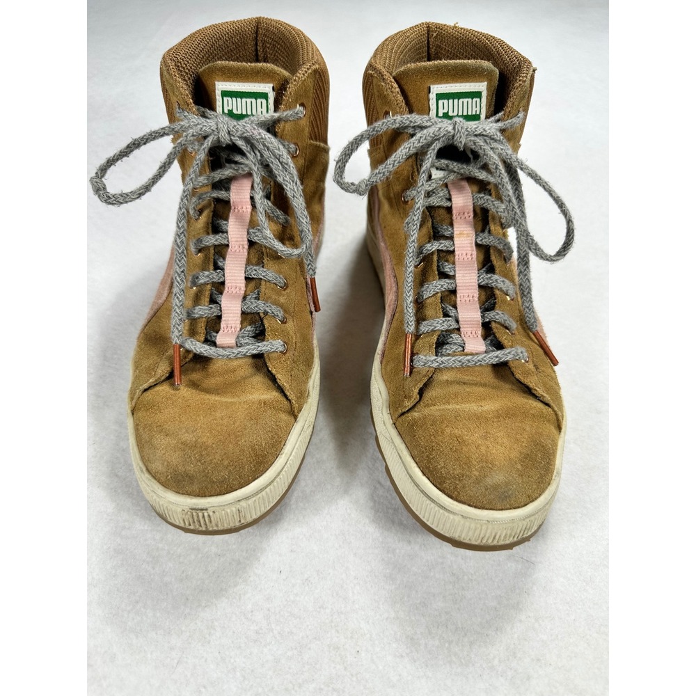 Puma Suede High Top Sneakers Tan Pink Ribbed Knit Collar Womens 9